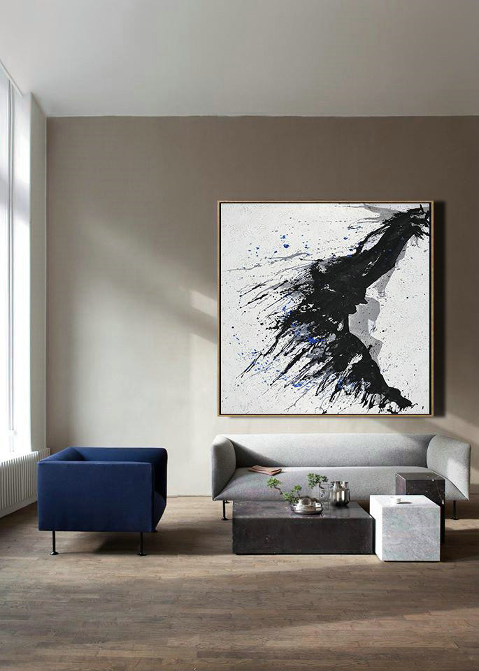 Handmade Large Contemporary Art,Minimalist Drip Painting On Canvas, Black, White, Grey, Blue - Modern Art Abstract Painting